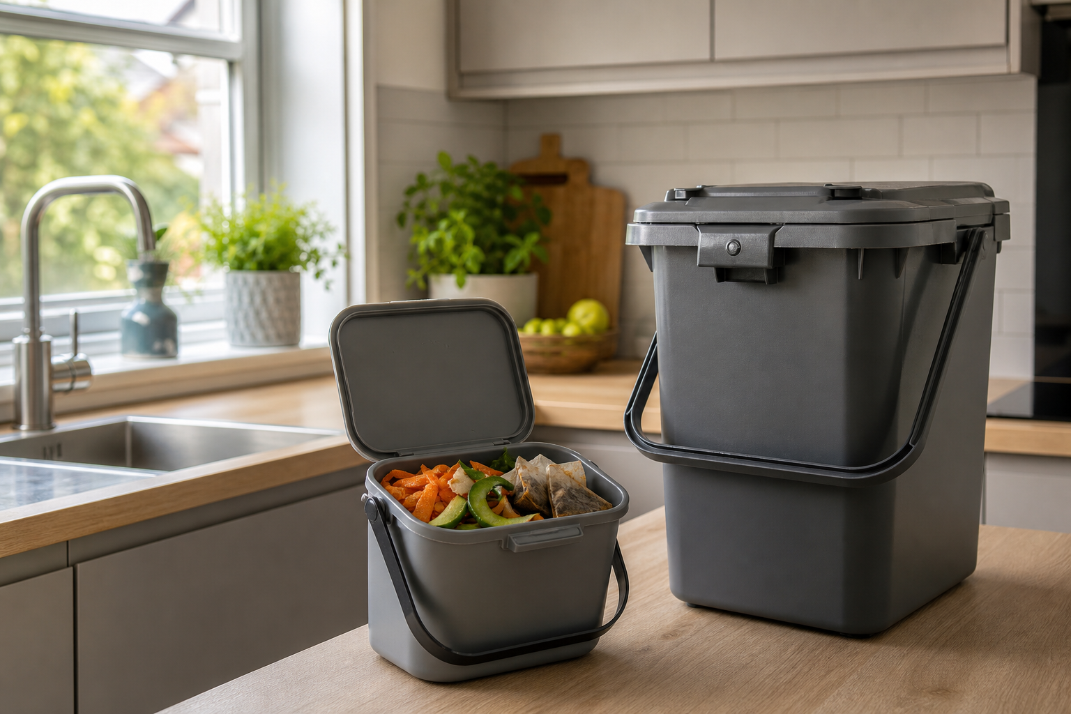 Kitchen food waste caddy with peelings beside an outdoor lockable food bin