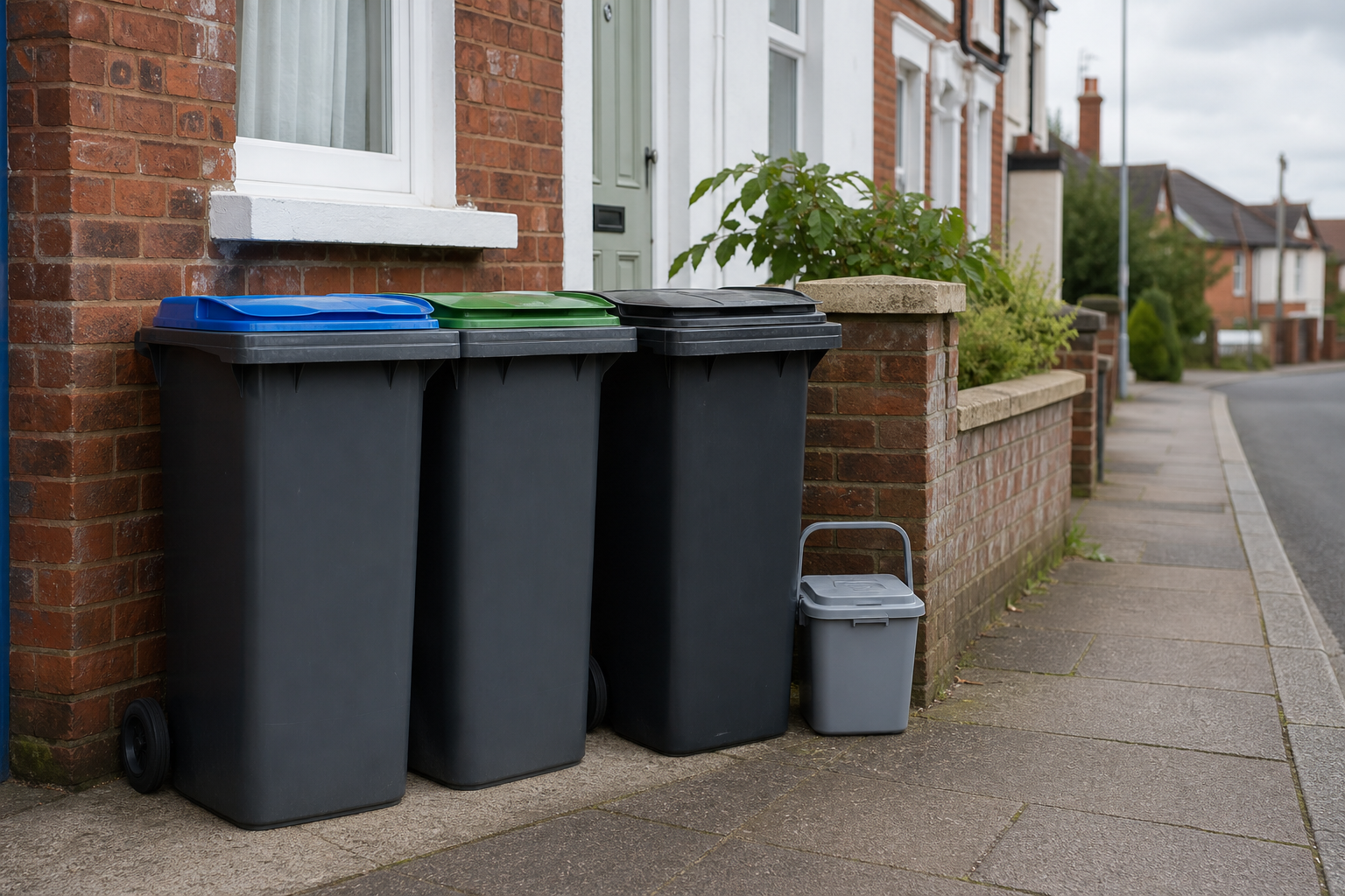 Blue, green and black Suffolk wheelie bins with a food waste caddy outside a home